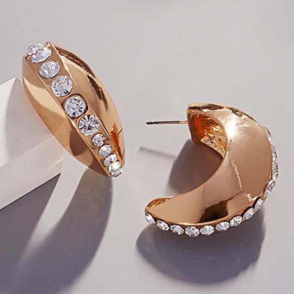 NEW Center Rhinestone Accented Chunky Crescent Half Hoop Glamcore Bling Earrings - Picture 2 of 6